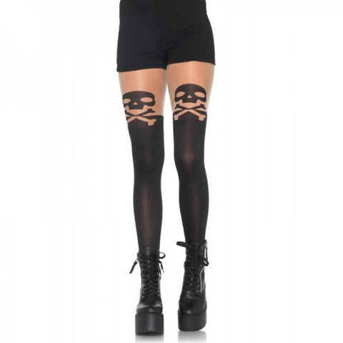 Skull, Crossbone Opaque Pantyhose Thigh Accent O/S Black