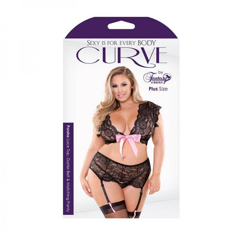 Porsha Ribbon Front Lace Top, Garter Belt, & Panty Black/pink 1x/2x