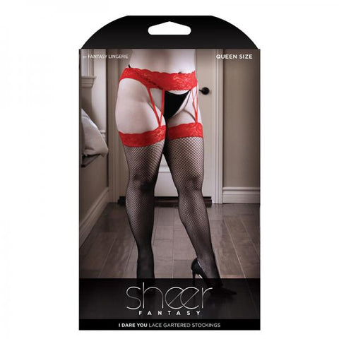 I Dare You Red Lace Garter Belt With Attached Lace Top Fishnet Stockings Queen